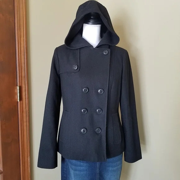 NAUTICA Black Hooded Wool Double Breasted Peacoat - Picture 5 of 13